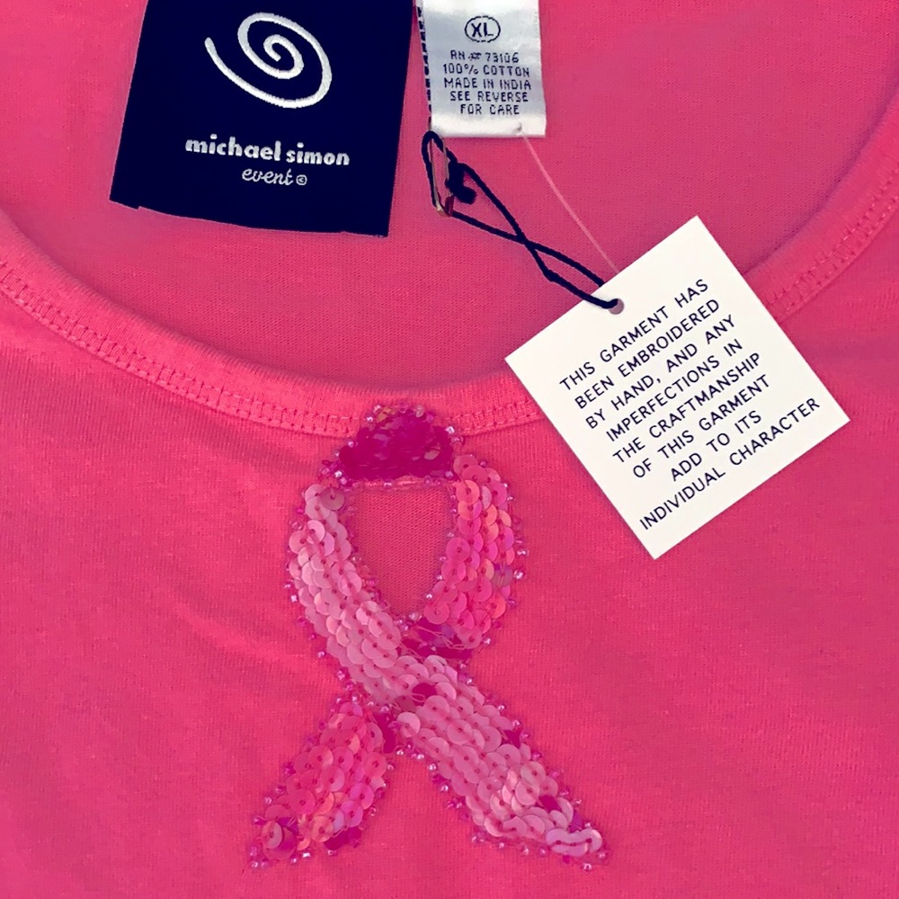 Michael Simon Breast Cancer Cotton LS Tee Pink Survivor Sequin Ribbon